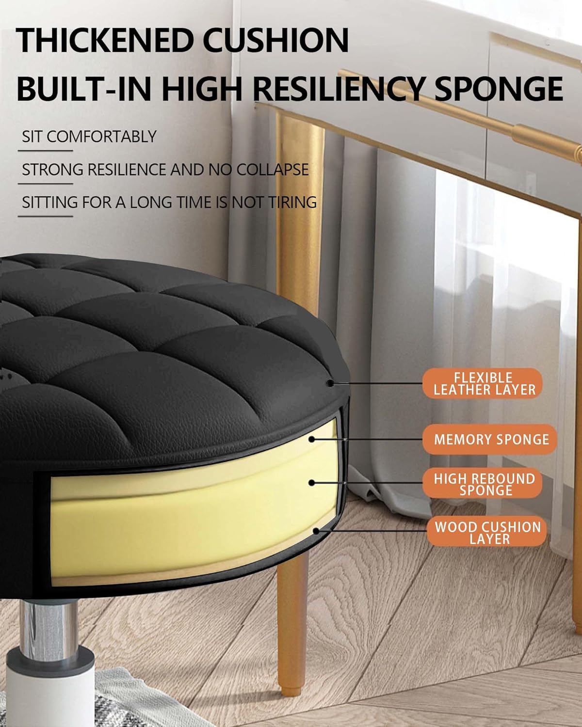 Small Chair Round Rolling Stool with Wheels PU Leather Height Adjustable Swivel Drafting Work SPA Salon Stools Home Office Chair