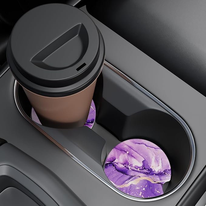 Car Cup Holder Coaster, Car Coasters for Cup Holders, 2 Pack Universal Anti Slip Insert Absorbent Ceramic Auto Interior Accessories with A Finger Notch & Cork Base, Purple Marble