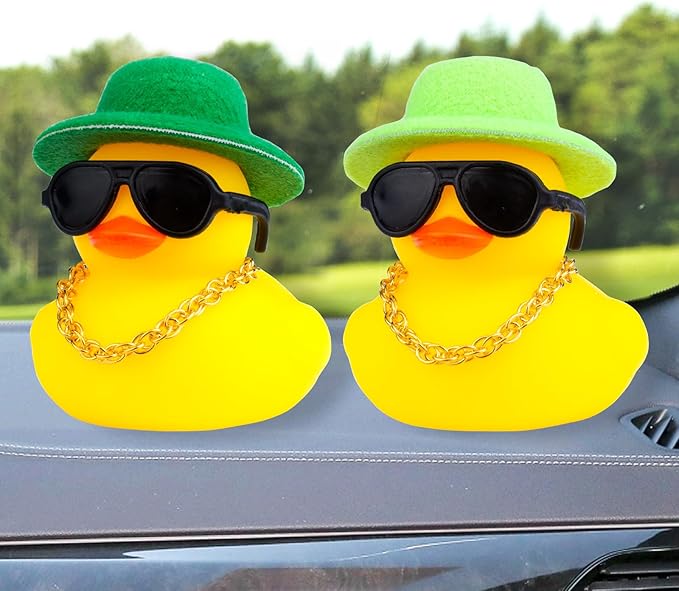 Rubber Duck Car Ornaments Duck Car Dashboard Decorations Accessories with Mini Top Hat Necklace and Sunglasses(T9)