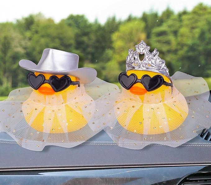 Car Rubber Duck Ornament Cute Duck Car Dashboard Decoration Accessories with Mini Hat Sunglasses and Skirt for Car Dashboard Decoration Accessories(A28)
