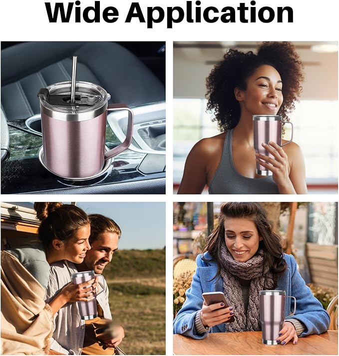 20 oz Tumbler with Handle, Stainless Steel Insulated Tumbler with Lid and Straw, Double Wall Vacuum Insulated Coffee Mug Tumbler, Insulated Coffee Thermal Cup for Cold and Hot (Rose gold)
