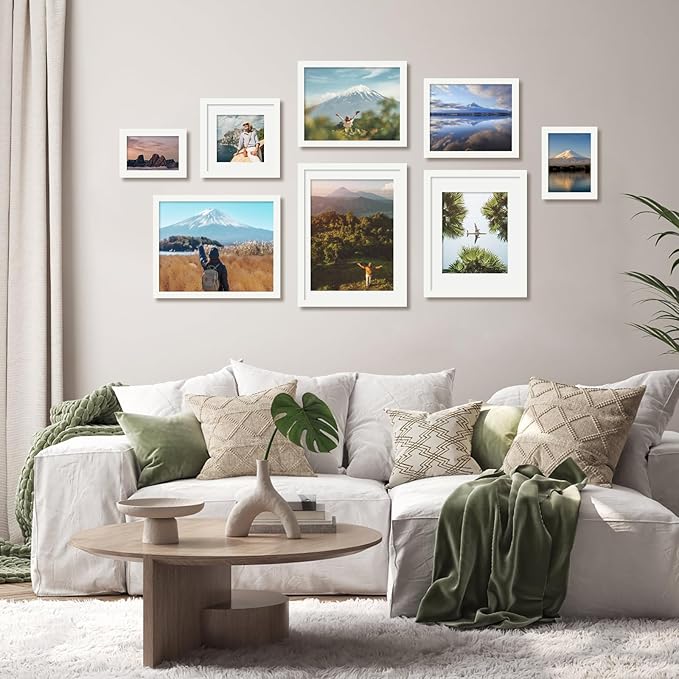 Egofine 9x12 Picture Frames 4PCS Covered by Plexiglass, Wood Frames for Pictures 5x7/6x8 with Mat or 9x12 without Mat, Tabletop and Wall Mounting Display, White with Texture