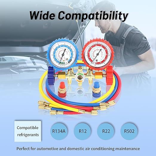 PB Motor Tech AC Diagnostic Manifold Gauge Set for R134A, R12, R22, R502 Refrigerants, Includes 4FT Three-Color Hoses and 2 Quick Couplers - Automotive & Household AC Maintenance