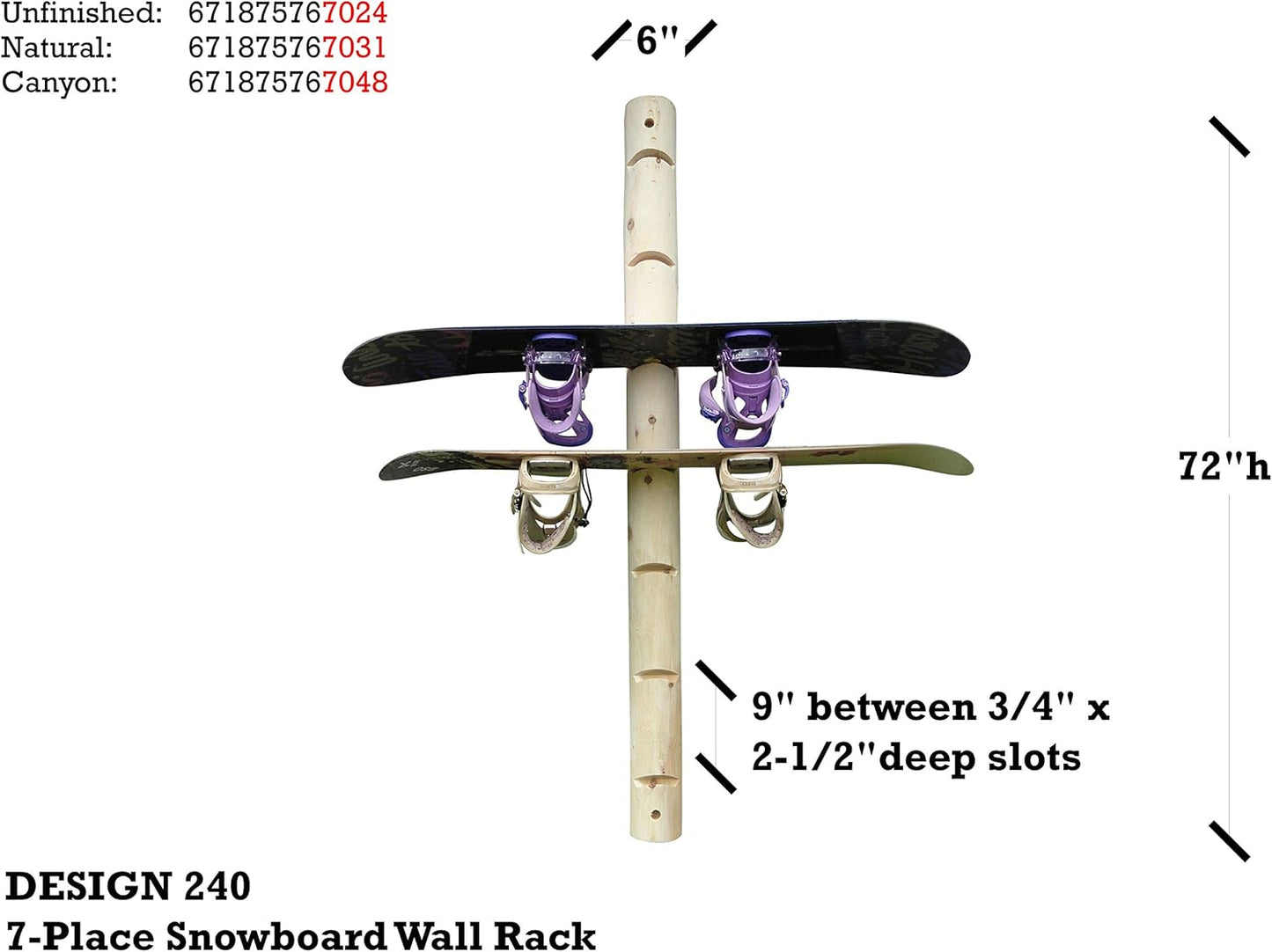 7-Place Wall-Mounted Snowboard Log Rack, Wakeboard Racks, Skateboard Holder Wall Mount, Vertical Snowboard Wall Mount Sport Storage for Garage, Skateboard Rack Walls, Wood Storage Racks - Canyon Brown