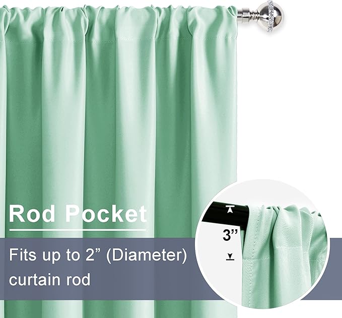 JIUZHEN Blackout Curtains for Bedroom– Thermal Insulated,Noise Reducing Room Darkening Privacy Drapes for Living Room, Set of 2 Panels with Tiebacks, 42 x 72 inch Long, Mint Green