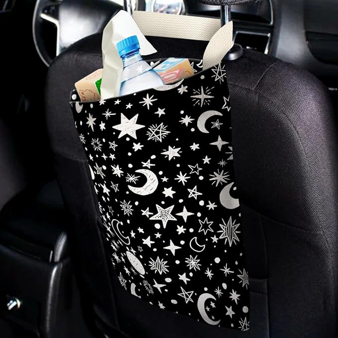 Moon and Star Black Car Trash Bags - Small Garbage Bags for Car Back Seat - One-handed Strap - Cute Printed - Accessories