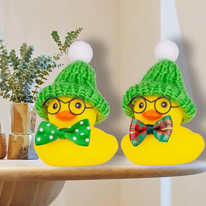 Car Rubber Duck Ornament, Winter Duck Car Dashboard Decoration with Mini Beanie Hat Bow Tie and Glasses(C7)