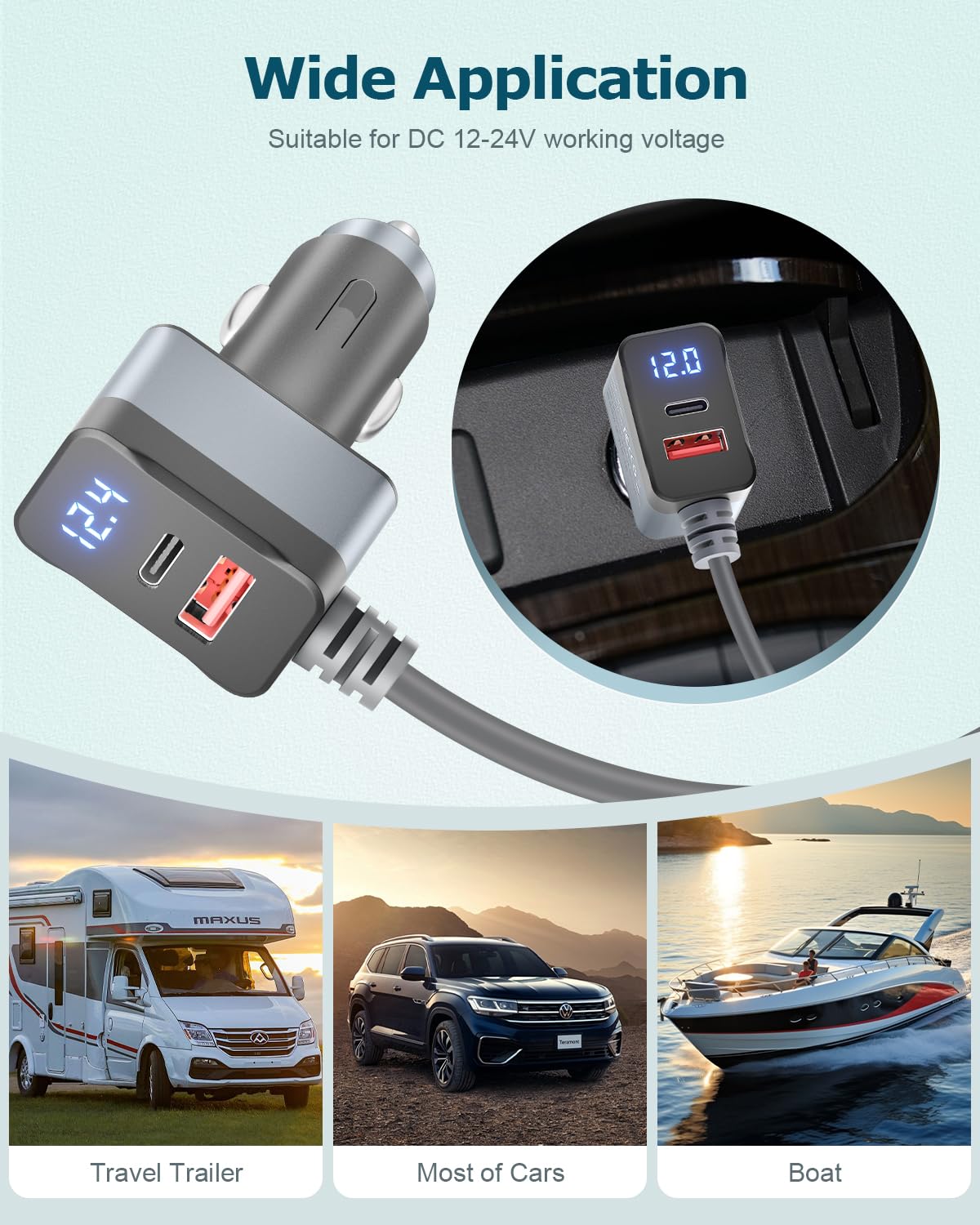 3 in 1 Starlink Mini Cable 12V Adapter 10FT Car Charger for Starlink Mini Power Cable Cigarette Lighter Adapter DC 12V-24V with Digital Display, Durable USB C PD 36W and USB A 18W Port Gray 18AWG 3M