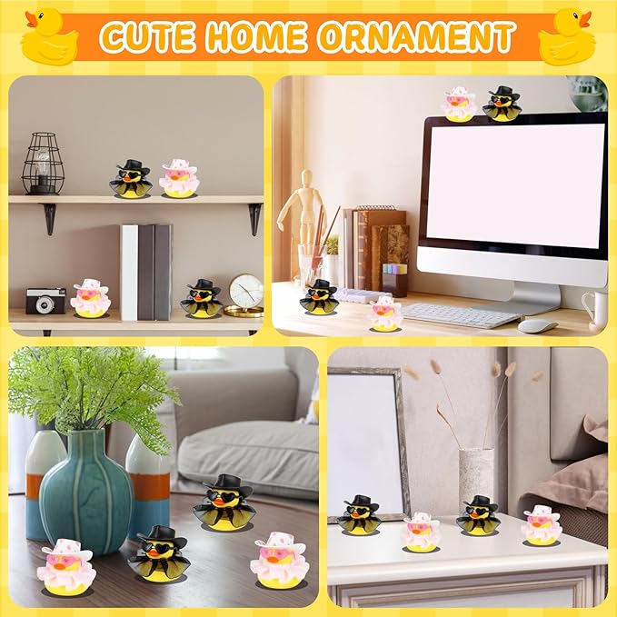 2 Pcs Cowboy Rubber Ducks for Car Dashboard Decorations, Pink Polka Dot & Black Cowgirl Duck with Hat, Glasses and Tulle Skirt, DIY Car Duck Accessories, Squeaky Stress Relief Toy Gift
