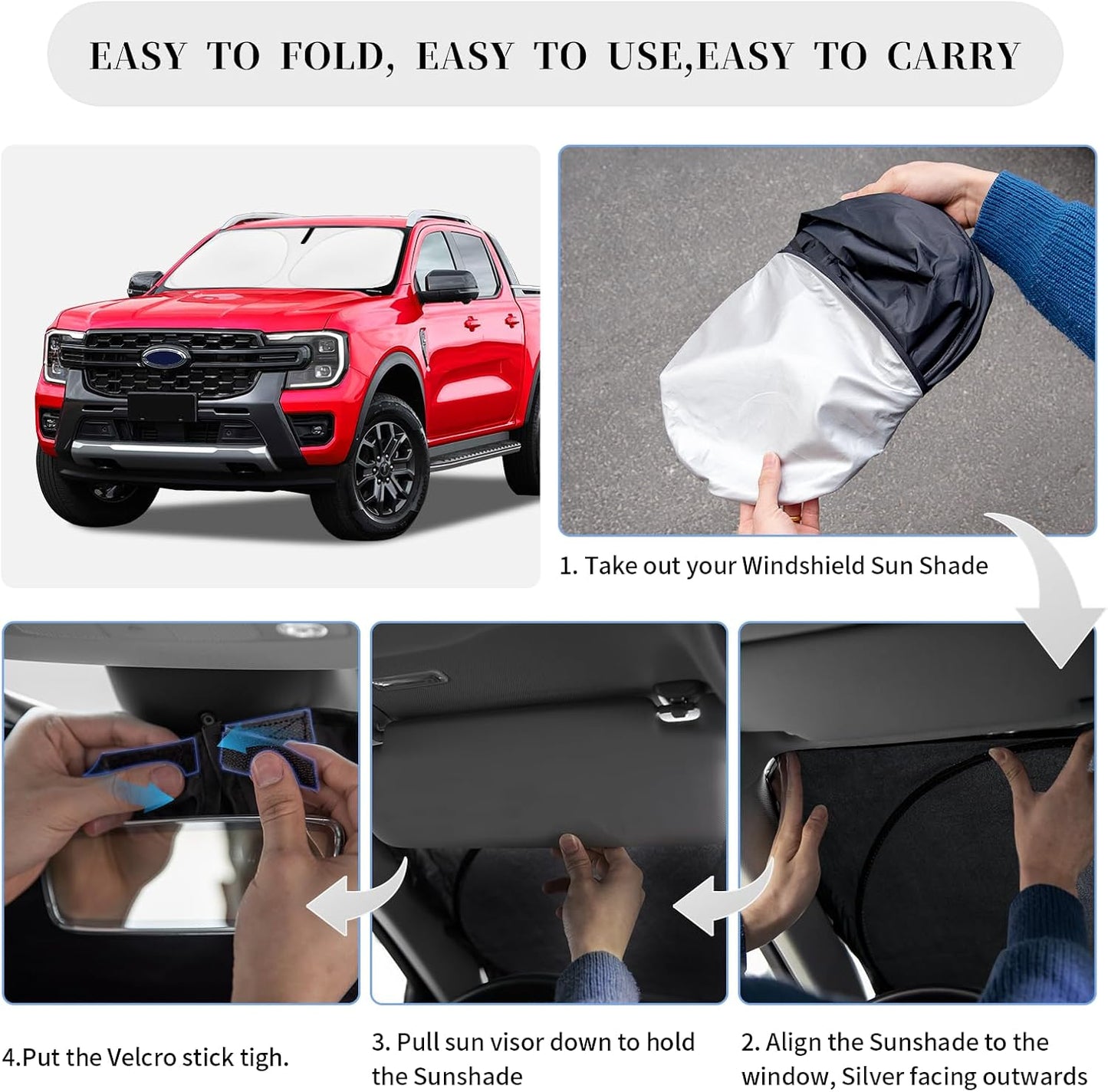 Sun Shade Sunshade for Ford Ranger Windshield Cover, 4-Layer Front Window Shade Custom fit 2019-2026 Ranger XL, XLT, Lariat Sun Visor 240T Retractable Shade Blocks UV Rays Cooler Car Accessories