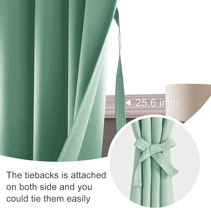 JIUZHEN Blackout Curtains for Bedroom - Thermal Insulated Noise Reducing Privacy Short Curtain for Living Room, Set of 2 Panels with Tiebacks, 42 x 45 inches Long,Sage Green