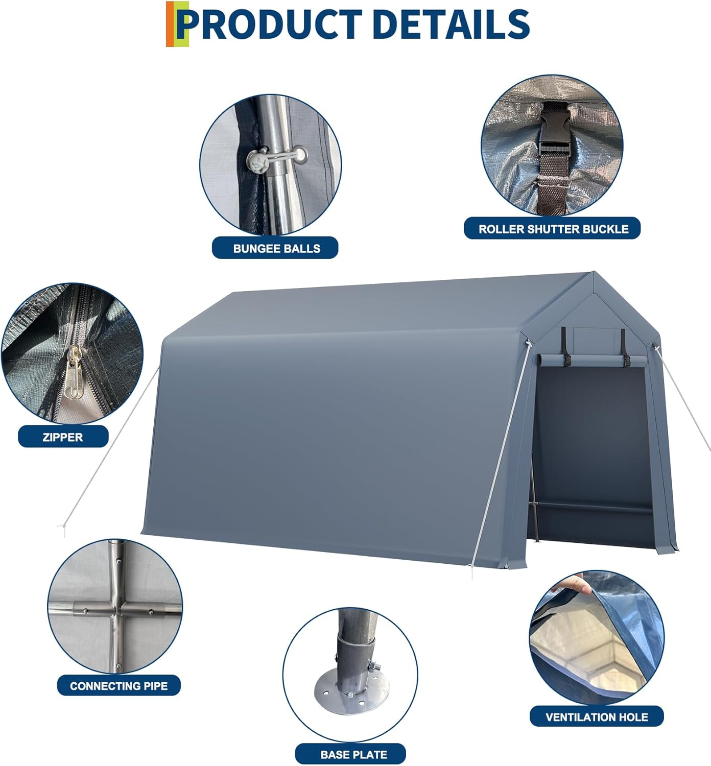 10x15FT Outdoor Storage Shed, Portable Carport with Roll-up Ventilated Zipper Door and Windows, Heavy Duty Waterproof Tarp, Storage Sheds for Motorcycle, Bike, Firewood, Garden Tools