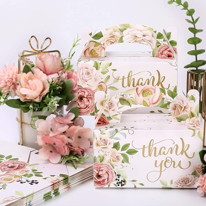 24 PACK Party Favor Treat Boxes - Gold Foil Thank You Candy Boxes for Wedding Bridal Shower, Floral Thank You Gable Boxes for Small Business, Gable Box Gift Wrap Boxes for Baby Shower Annivesary