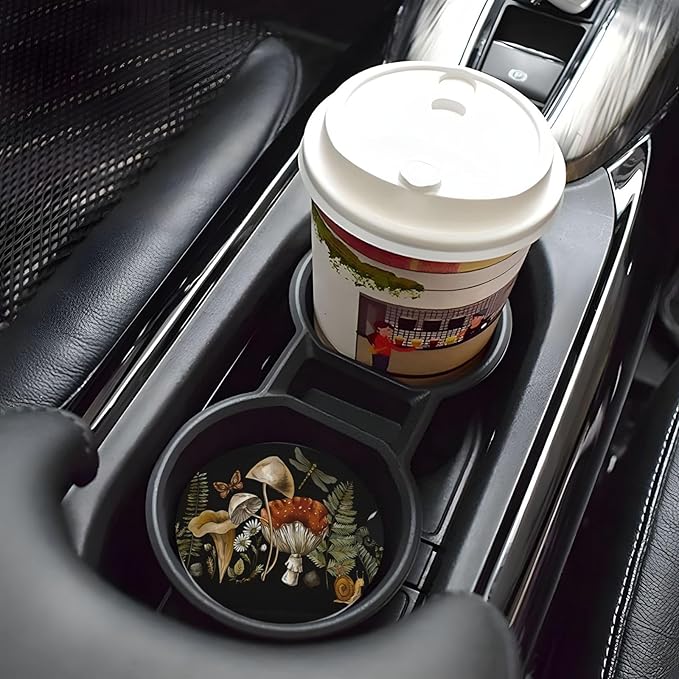 ABLESKY Car Coasters for Cup Holders, 2 Pack Absorbent Anti Slip Car Cup Holder Coasters, 2.56 Inch Ceramic Universal Size Auto Interior Accessories Women Men-Retro Mushroom