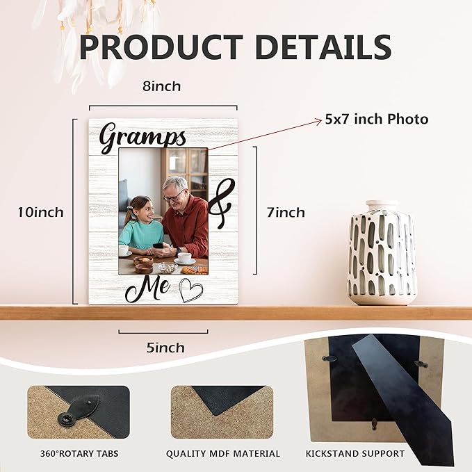 Gramps Gifts Picture Frame 5x7, Grandpa Photo Frame, Christmas Fathers Day Birthday Gifts for Grandpa from Grandkids, Gramps and Me Wooden Picture Photo Frames for Desk Home Room Decor