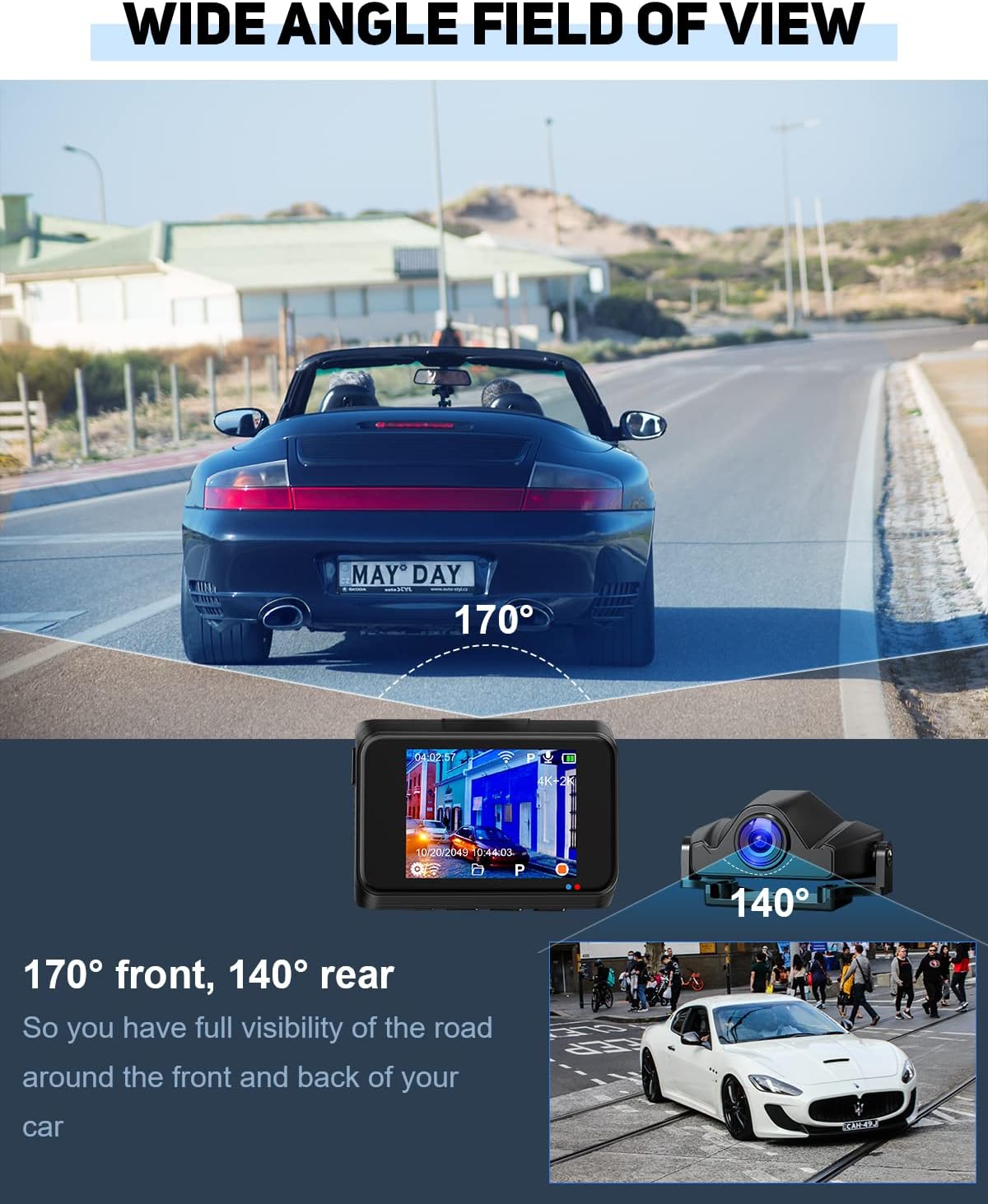 4K Dash Cam Front and Rear, Car Dash Camera Built-in WiFi GPS, Free 64GB Card, UHD 2160P Night Vision, WDR, 170°Wide Angle, WDR, 24H Parking Monitor