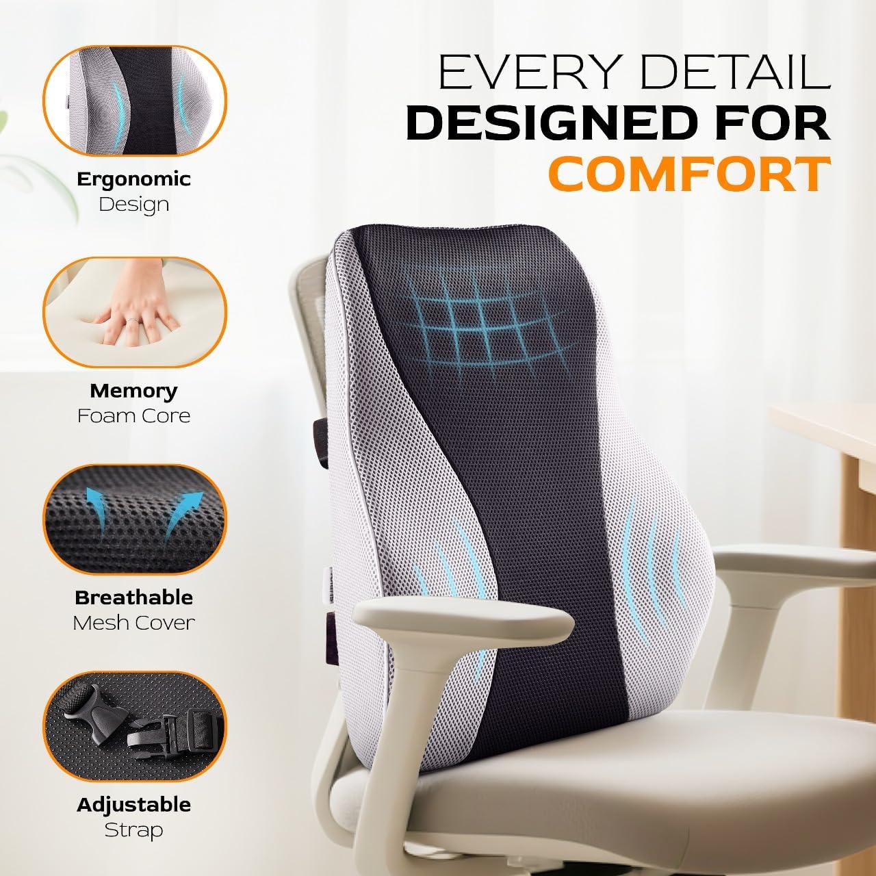 Extra Dense Lumbar Pillow with Double Adjustable Straps - Ergonomic Lumbar Support Pillow for Office Chair, Car, Couch Firm Back Support for Lower Back & Spine Pain Relief Memory Foam Cushion