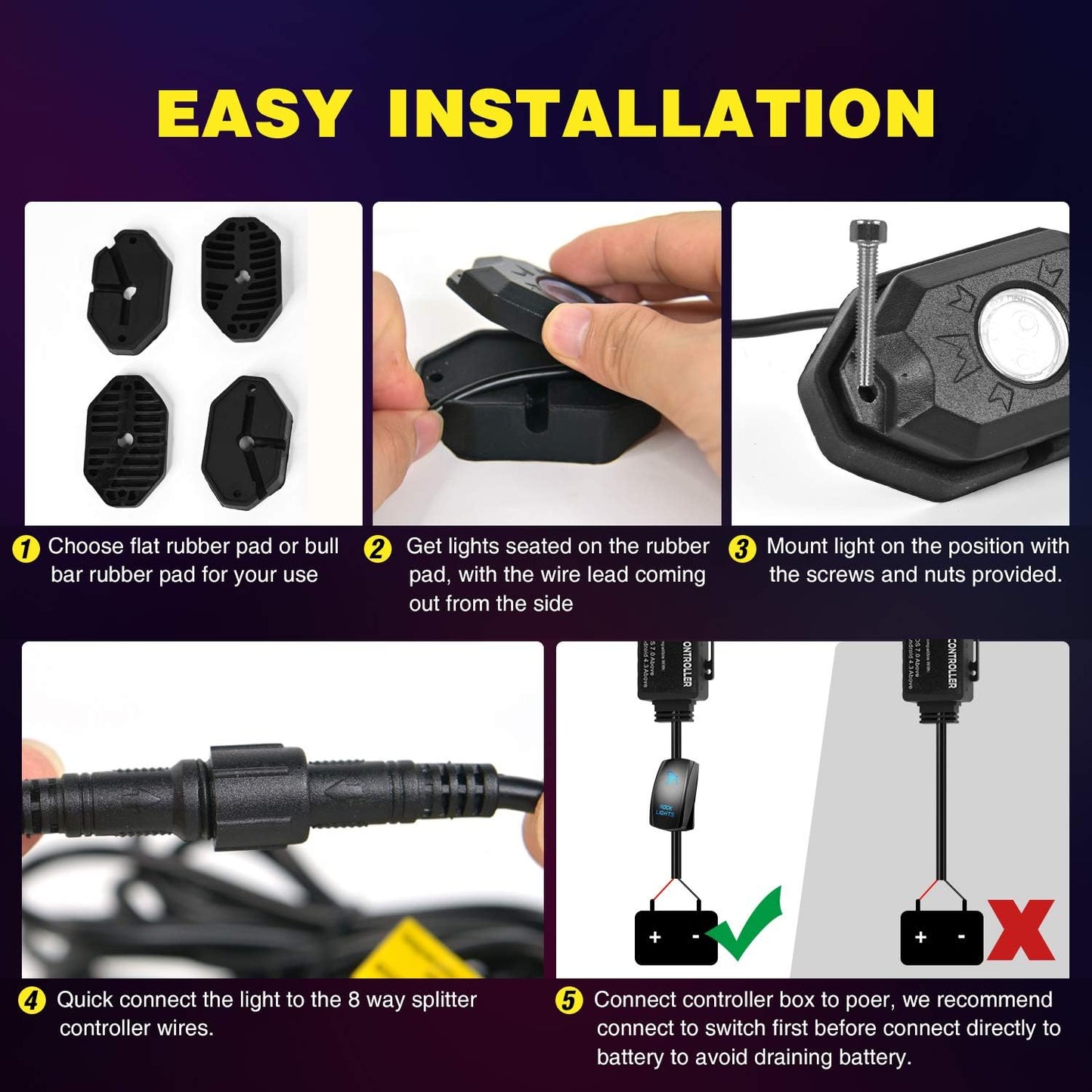 Nilight RGB LED Rock Lights Kit 8 pods Underglow Neon Multicolor with Bluetooth App Control Music Mode IP68 Exterior Wheel Well Party Lamp for ATV UTV Golf Cart Truck Boat RV