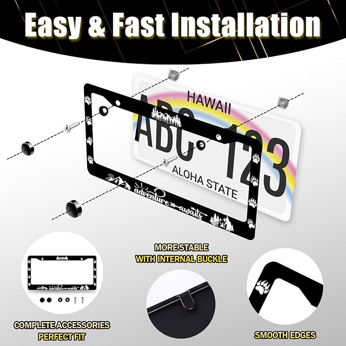 Adventure Awaits License Plate Frame Bears Mountains Forest License Plate Stainless Steel Funny Accessory Cars Decor for Men Women 12.2 X 6.2 Inch with 2 Holes and Screws Fits Standard Us Ca Vehicles