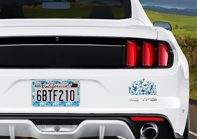 1pcs Blue White Cherry Blossom License Plate Frame for Women, Cyan Sakura Car Tag Frames Girly for Vehicle with Non Adhesive Electrostatic Sticker