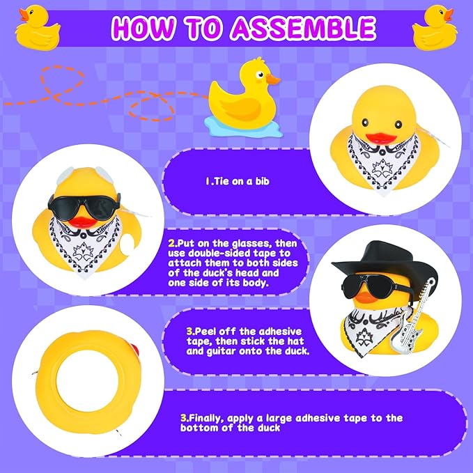 Funny Guitar Rubber Duck with Cowboy Hat & Accessories - Rubber Duck Car Ornaments & Home Decor - Multi-Use Dashboard Duck Gift for Adults, Car Lovers