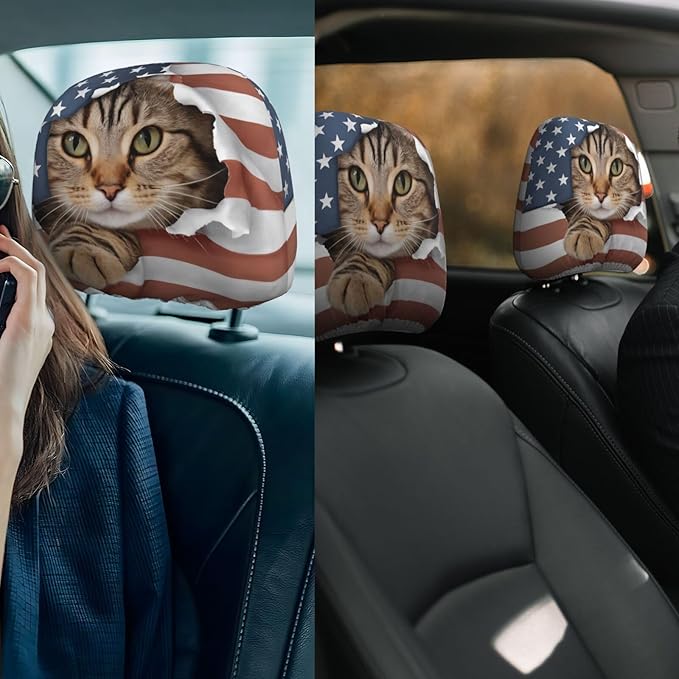 Dujiea 2 Pack American Flag Cat Car Headrest Covers, Universal Soft Car Seat Head Rest Cover Protector, Vehicle Accessories Fabric Headrest Cover for Cars Vans Trucks