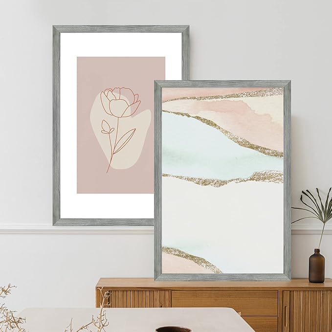 16x24 Frame Set of 2, Rustic Grey Wood Style - Display 16 x 24 Picture without Mat or 12x18 Picture with Mat, Wall Mounting Horizontal and Vertical