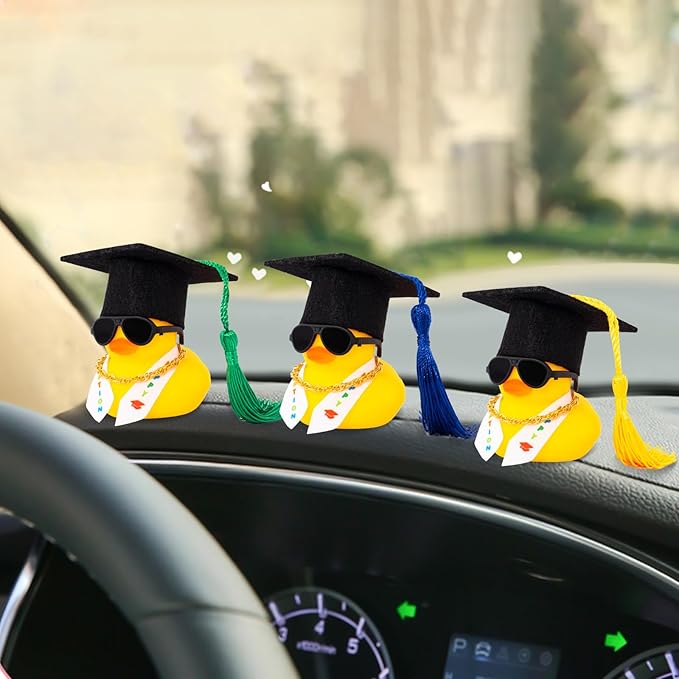 wonuu Graduation Stole Rubber Ducks, Dashboard Decorations Duck for Car Ornament Accessories with Hat Sunglasses Sash Chain (Green)