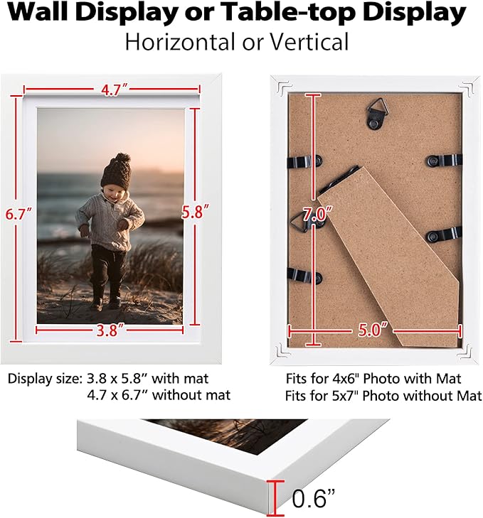 KINLINK 5x7 Picture Frame White Set of 6, Wooden Photo Frames Matted 4x6 with Plexiglass for 4x6 with Mat or 5x7 without Mat for Table and Wall Display
