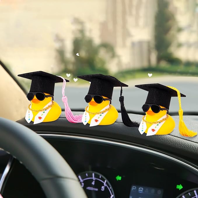 wonuu Graduation Stole Rubber Ducks, Dashboard Decorations Duck for Car Ornament Accessories with Hat Sunglasses Sash Chain (Black)