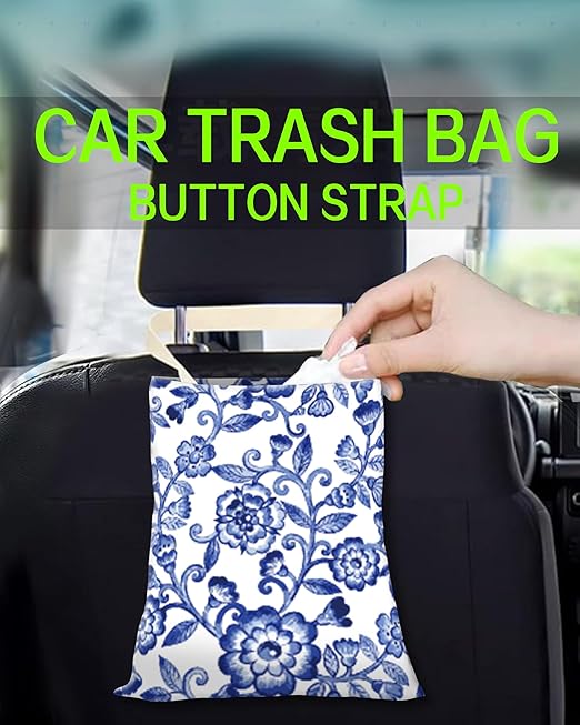 Car Trash Can, Durable Hanging Car Trash Garbage Bag, Cute Automotive Garbage Cans Organizer, Cute Blue Porcelain Floral