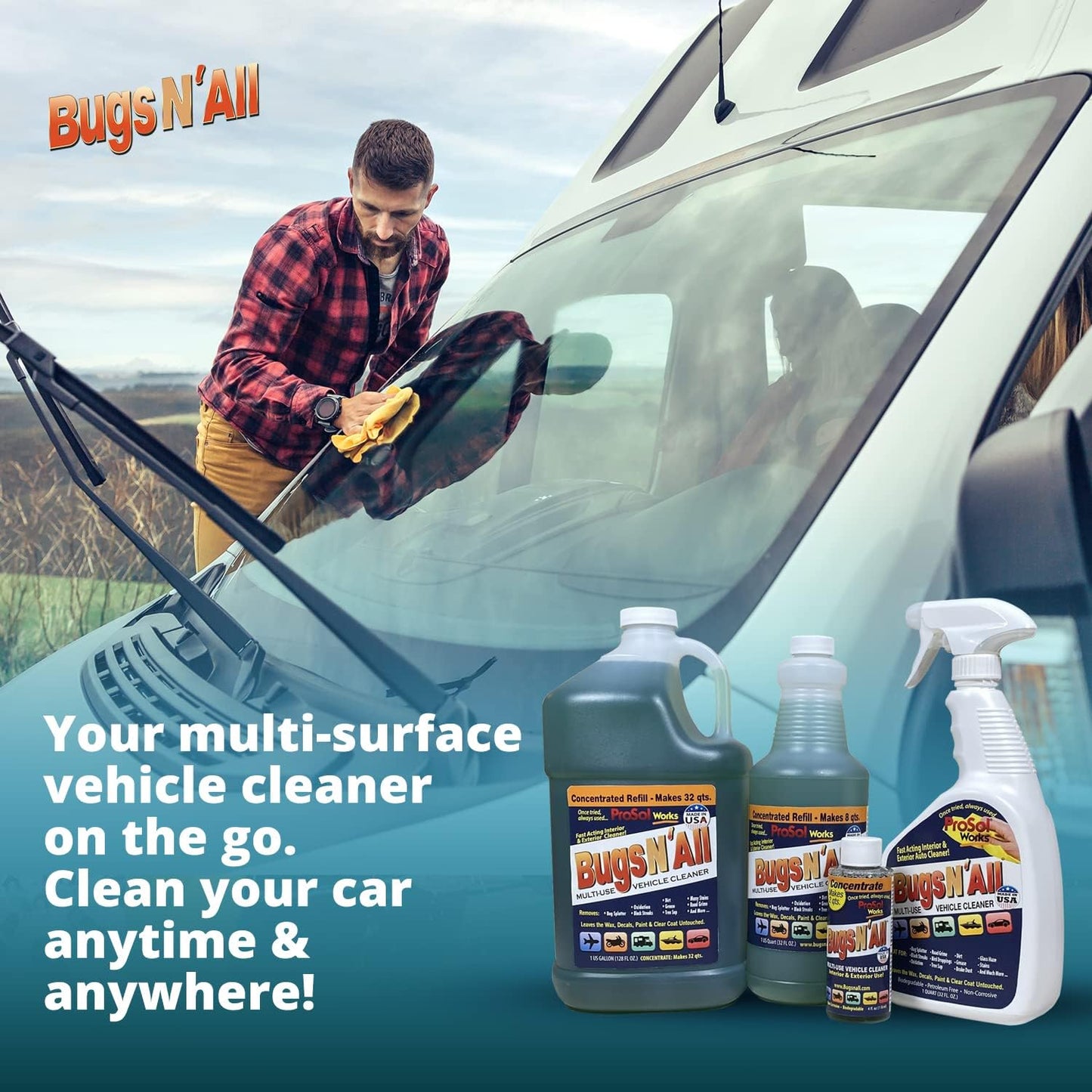 Bugs Nβ All Multipurpose Car Cleaner & Degreaser - Bug & Tar Remover Concentrate 1 Gallon - Exterior Cleaner Safe for Car Paint, Metal, Chrome, Aluminum, Windows & Mirrors - w/Free 32 oz Spray Bottle
