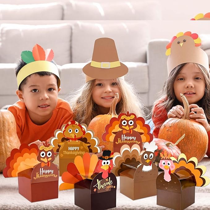 18Pcs Thanksgiving Party Favor Boxes Thankful Turkey Candy Treat Boxes, 6 Styles, Happy Thanksgiving Day Turkey Paper Gift Boxes for Fall Holidays Harvest Day Supplies