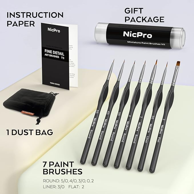 Nicpro 7 PCS Micro Fine Detail Paint Brush Set, Small Miniature Fine Tip Detail Brushes Kit for Acrylic Oil Watercolor, Models, Paint by Numbers, Miniature Painting, Craft, Rock Painting (Black)