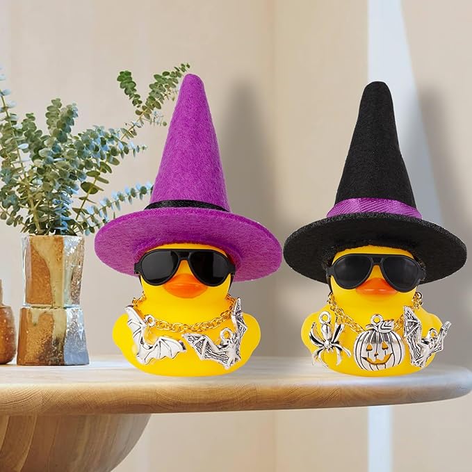 Rubber Duck Car Ornaments Yellow Duck Car Dashboard Decorations with Mini Witch Hat Sunglasses Necklace and Cute Accessories for Party Gifts(H2)