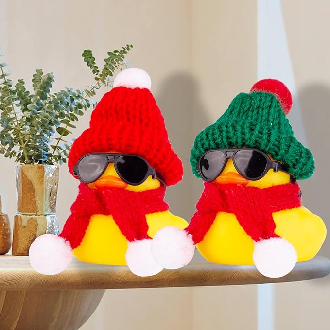 Rubber Duck Car Ornaments 2Pack Winter Duck Car Dashboard Decorations for Christmas Decor and Home Decorations with Mini Hat Scarf and Sunglasses(T13)