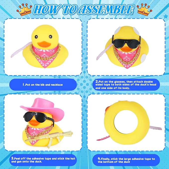 BOZILY Cowboy Rubber Duck Car Decor with Gold AK Gun, Sunglasses & Bandana, Funny Dashboard Accessories for Cars, Office, Home, Small Rubber Ducks for Birthday Gift(Pink Hat)