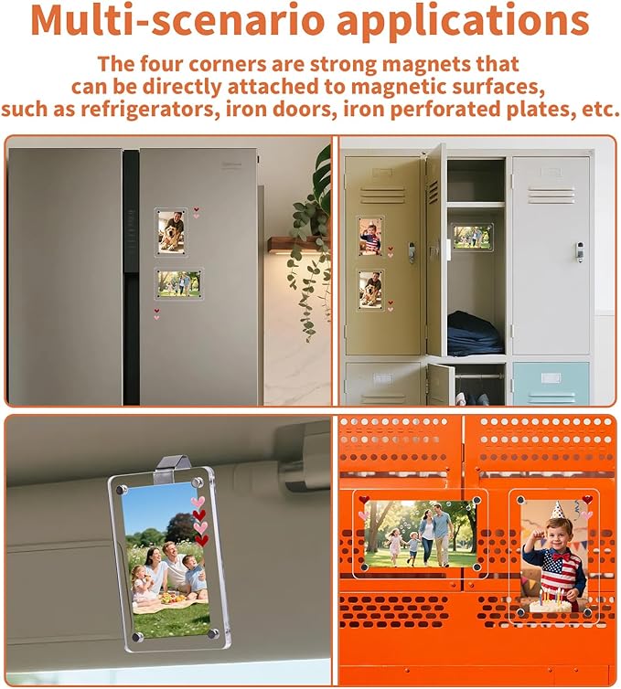 2pcs Car Photo Holder, Acrylic Magnetic Car Visor Photo Clip for 3.5" X 2.3" - with Heart Stickers Personalized Meaningful Car Accessories Gift for Mother/Dad/Kid & Anniversary Present