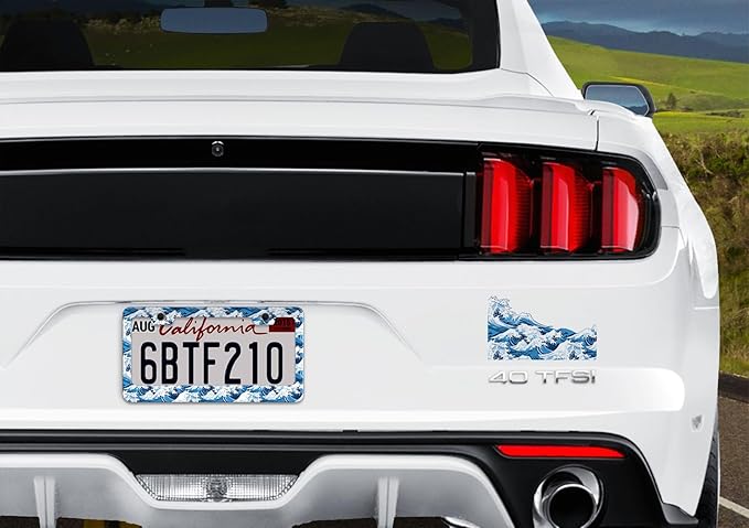 2pcs Blue Ocean Wave License Plate Frame for Women, Sea Wave Car Tag Frames Girly for Vehicle with Non Adhesive Electrostatic Sticker