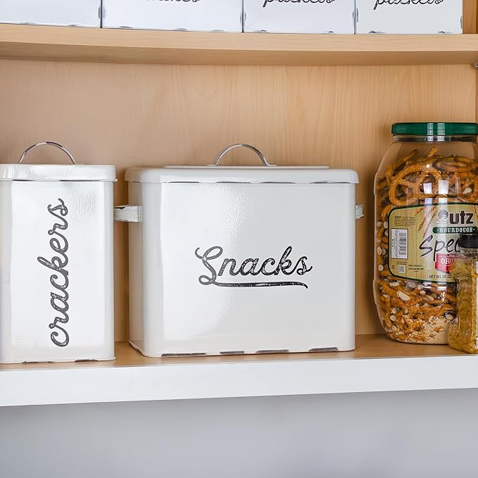 AuldHome Design Rustic Snack Bin, White Enamelware Snack Container Perfect for Single Serving Snacks