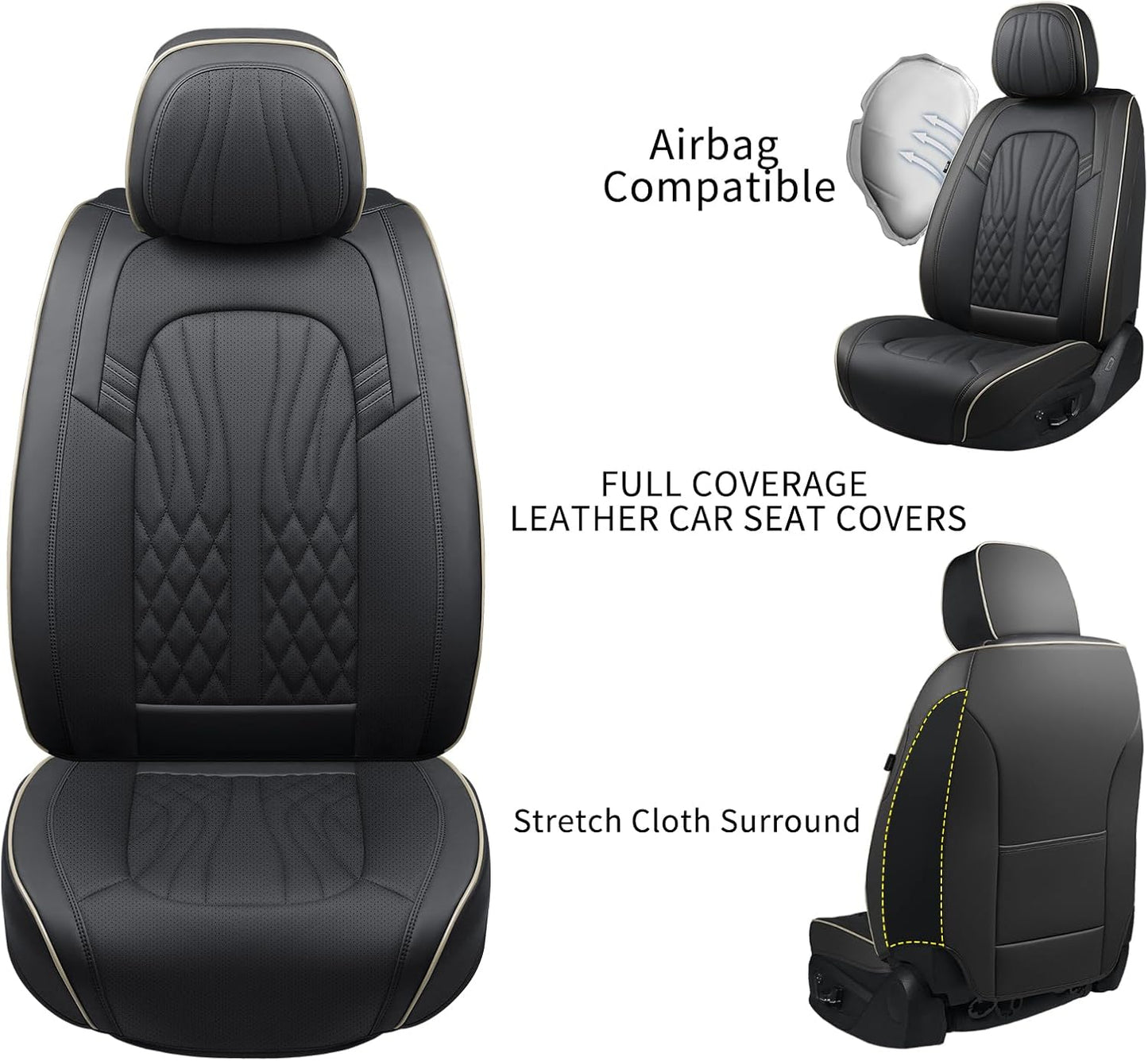 Seat Covers for Cars, Waterproof Seat Covers, Leather Car Seat Covers 2 Pack, Universal Seat Cushion Protector for Most Cars Black&Beige Line
