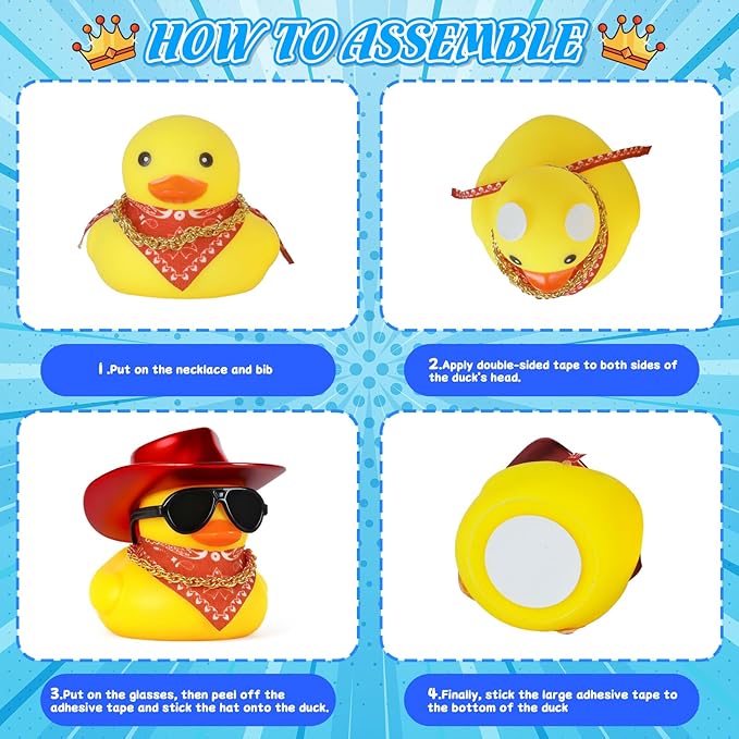 BOZILY Cool Cowboy Rubber Duck with Red Hat, Sunglasses, Bandana & Gold Necklace - Squeaky Dashboard Decor for Car, Stress Relief Squeeze Decor, Funny Gift for Adults