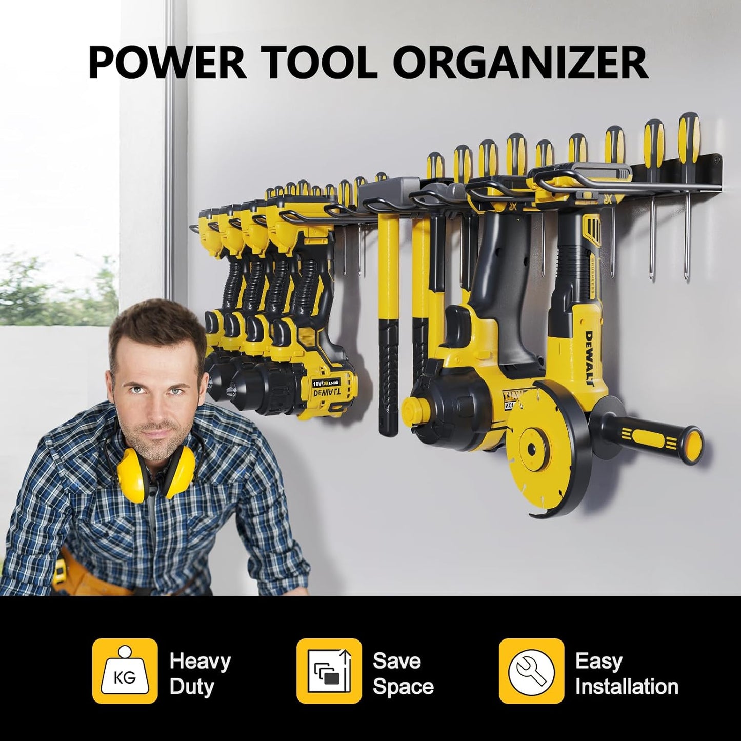 2 Pack Drill Holder, Power Tool Organizer Wall Mount, Heavy Duty Garage Storage and Tool Organizer, Ideal Garage Organization Gifts for man, 8 Slots for Power Tools and 32 Screwdriver Rack