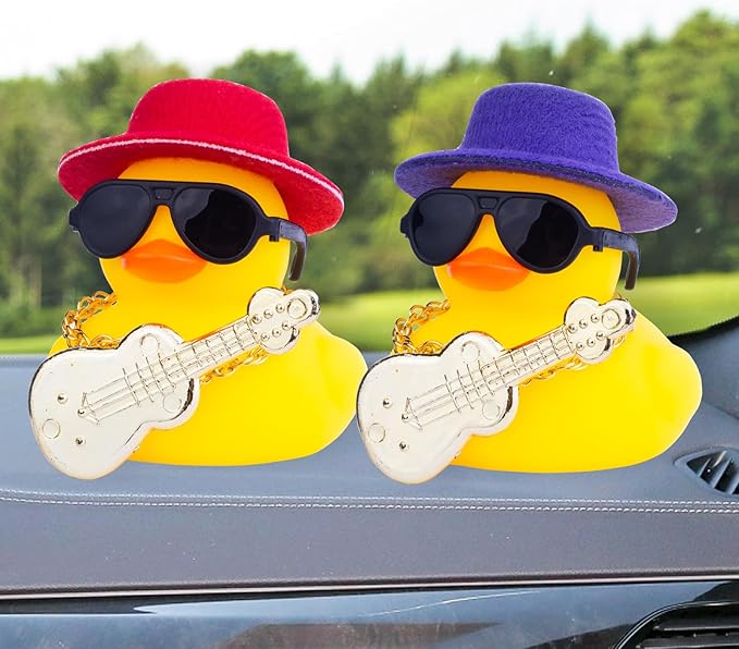 Car Rubber Duck Ornaments Yellow Duck Car Dashboard Decorations with Mini Top Hat Guitar Sunglasses Necklace(G4)
