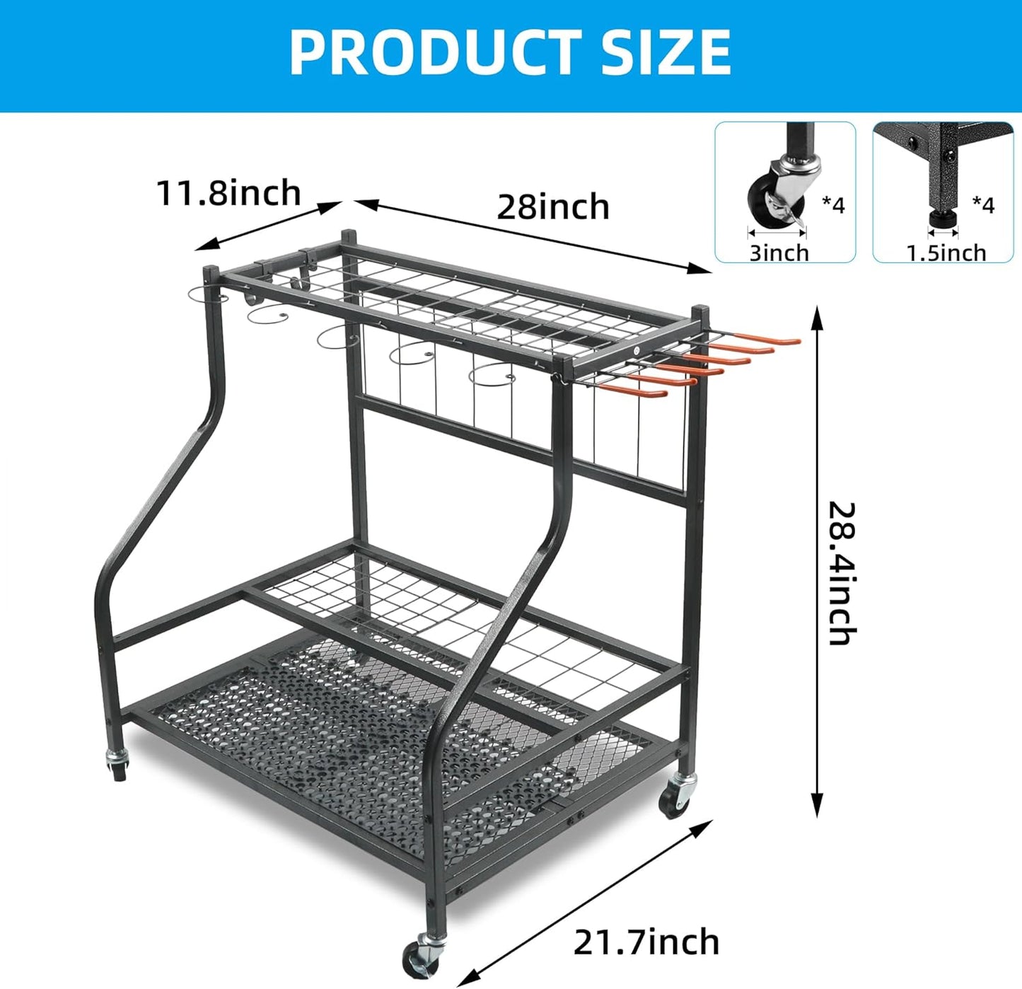 Garden Tool Organizer for Garage,Tool Organizers and Storage,Garden Tool Rack,Yard Tool Storage,Garden Tool Stand,Up to 58 Long-Handled Tools,4 multi-direction wheels lockable (28.4 inch)