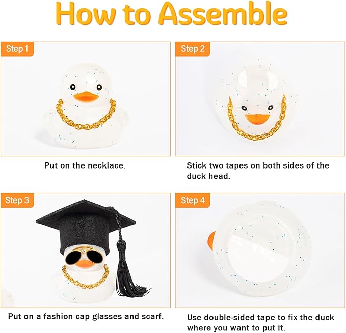 wonuu Car Dashboard Decor Graduation Hat Color Rubber Duck, Car Ducks Ornaments with Mini Graduation Hat Necklace Sunglasses (Gold)