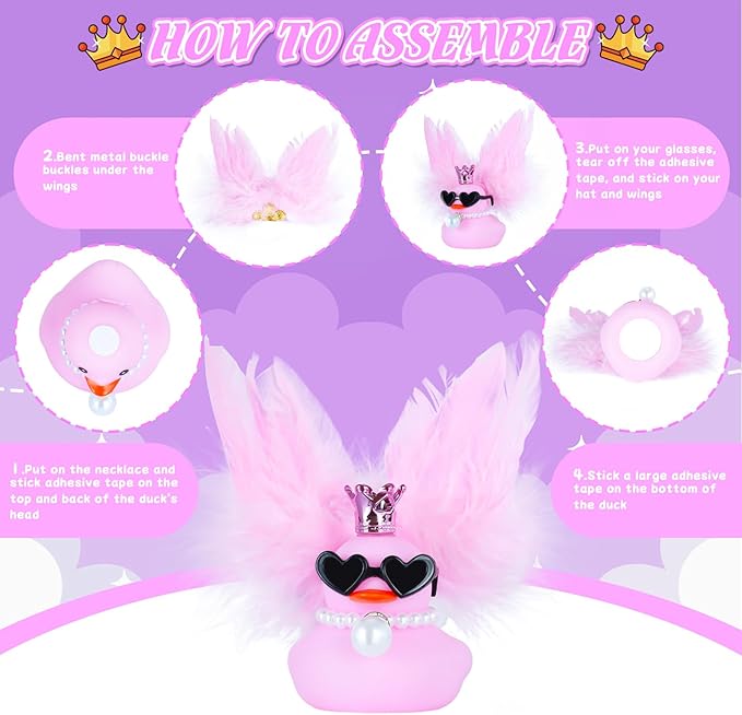 BOZILY Pink Rubber Duck,Rubber Ducks for Ducking, with Crown, Sunglasses, Pink Feather Wings & Pearl Necklace for Car Dashboard Decor, Cute as Car Ornament Gifts
