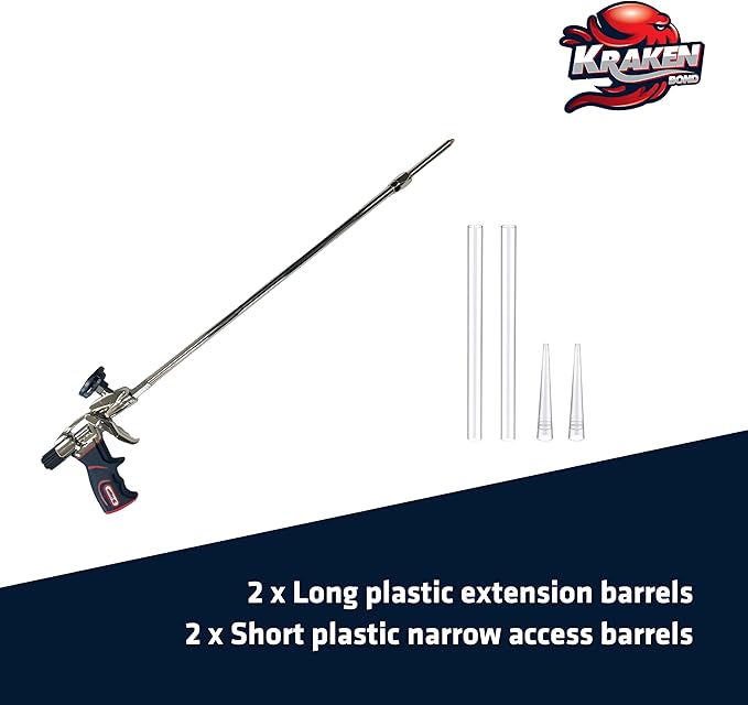Kraken Bond PRO Spray Foam Gun - 24" (2 ft) - 1 Pack - Non-Stick Teflon Coated Basket, Long Nozzle, 360° Swivel Tip, Aluminum Body - Perfect for Homeowners and Professionals