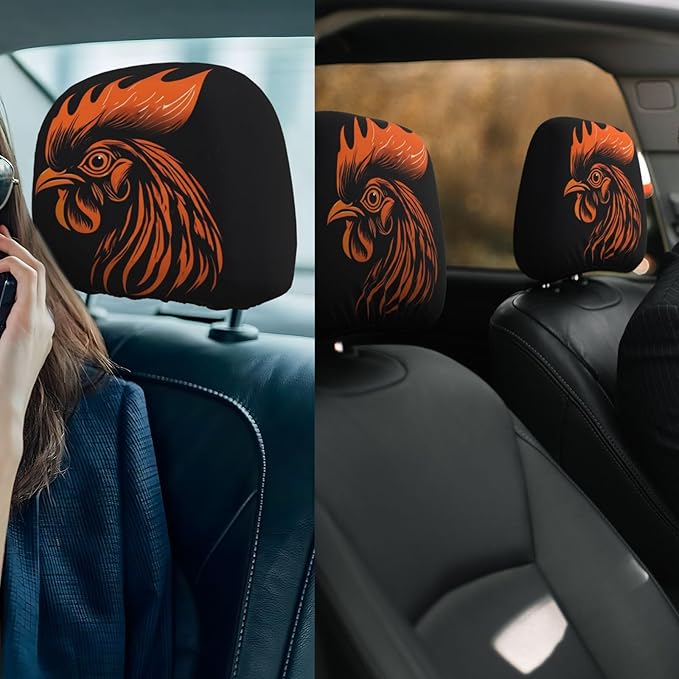 Dujiea 2 Pack Rooster Cock Head Car Headrest Covers, Universal Soft Car Seat Head Rest Cover Protector, Vehicle Accessories Fabric Headrest Cover for Cars Vans Trucks