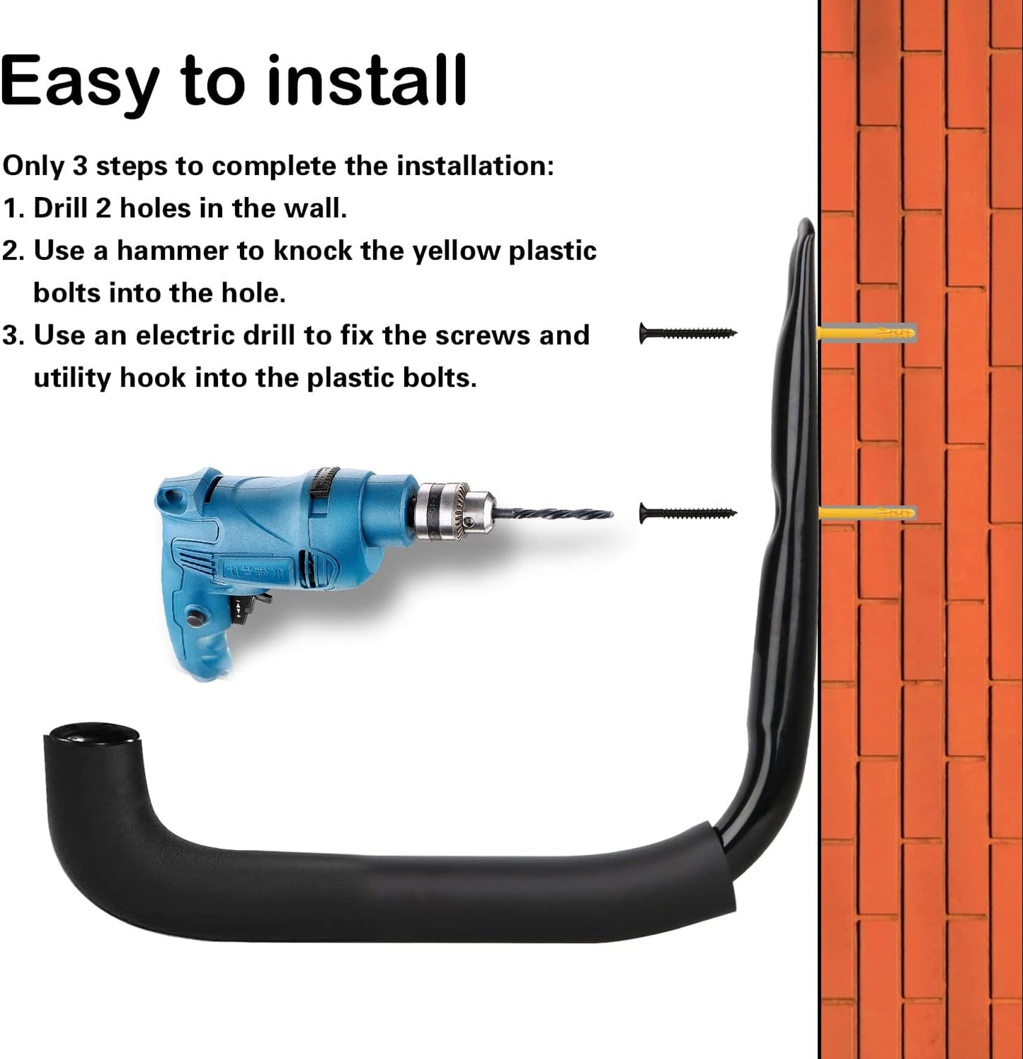 6 Set Garage Wall Mounts, 9 Large Wall J Hooks, Black - Heavy Duty Extension Cord Hangers for Ladders, Mowers, Cables